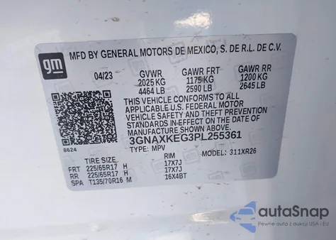 2023 Chevrolet Equinox Fwd Lt z USA, uszkodzony, nr VIN 3GNAXKEG3PL255361